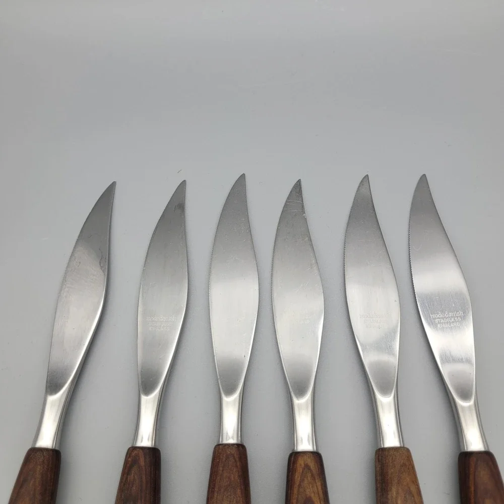 Mode Danish Dinner‎ Knives Set of 6 Wood Handle Stainless Steel England MCM